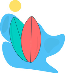 Colorful flat-style illustration of two surfboards on abstract blue waves with a yellow sun. Perfect for summer, beach, surf culture, travel, and tropical lifestyle concepts