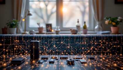 the bottom half showcases the intricate details of the interconnected devices, each emitting a soft, pulsating light, while the top half offers ample copy space illuminated by a gentle