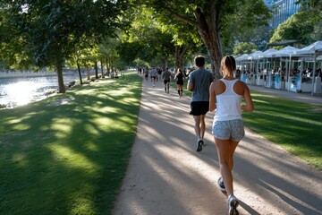 A diverse group of joggers runs along a sunlit path in a beautiful park, capturing the energy and vitality of an active lifestyle amid nature.