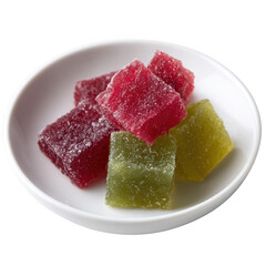 Colorful jelly candies arranged in a small white dish, showcasing vibrant hues of red and green, perfect for sweet treats or dessert displays.
