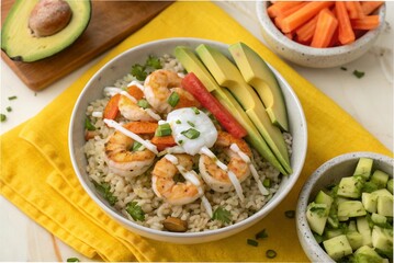 Avocado shrimp rice with lemon yogurt sauce and veggie sticks, on a yellow tablecloth, with a high angle shot