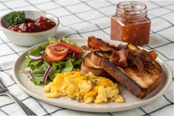 Bacon cheese thick toast with scrambled eggs and salad, on a white checkered tablecloth with a glass jar of jam nearby