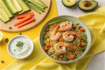 Avocado shrimp rice with lemon yogurt sauce and veggie sticks, on a yellow tablecloth, with a high angle shot