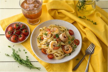Baked shrimp tagliatelle with olive oil tomato and iced peach tea, on a yellow tablecloth, with a high angle shot