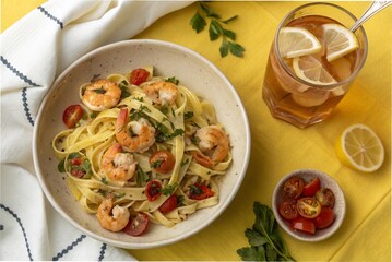 Baked shrimp tagliatelle with olive oil tomato and iced peach tea, on a yellow tablecloth, with a high angle shot