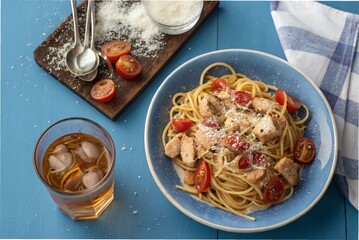 Chicken tomato pasta with Parmesan and iced honey tea, on a blue table, with a high angle shot