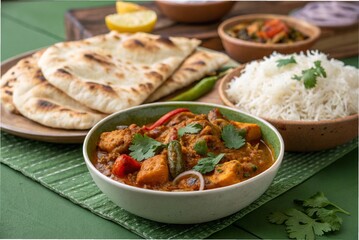 Indian spiced curry with naan and rice, on a green table