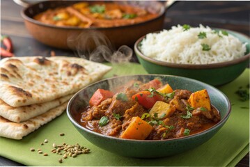 Indian spiced curry with naan and rice, on a green table