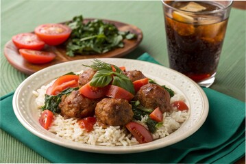 Italian meatball tomato rice with spinach and iced black tea, on a green tablecloth