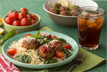 Italian meatball tomato rice with spinach and iced black tea, on a green tablecloth