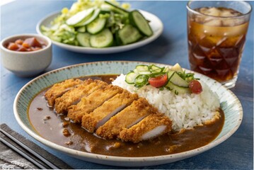 Japanese pork cutlet curry rice with cucumber salad and iced black tea, on a blue-grey table