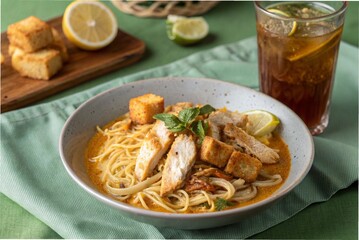 Laksa noodles with chicken, fried tofu, and iced lemon tea, on the light grey plate on a green tablecloth