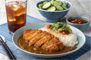 Japanese pork cutlet curry rice with cucumber salad and iced black tea, on a blue-grey table