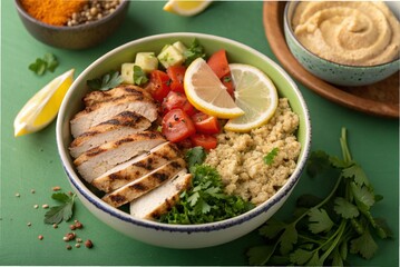Mediterranean quinoa bowl with grilled chicken and hummus, on a green table 