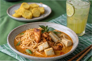 Laksa noodles with chicken, fried tofu, and iced lemon tea, on the light grey plate on a green tablecloth