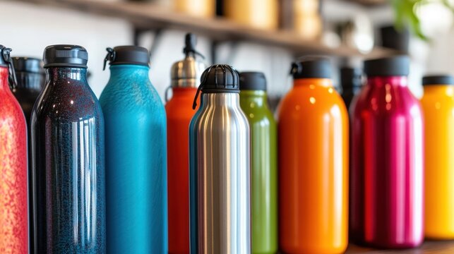 Colorful insulated water bottles displayed on a shelf.