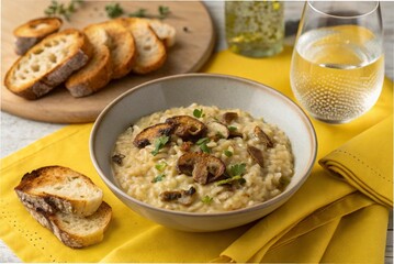 Porcini mushroom risotto with toasted bread and sparkling water, on a yellow tablecloth 