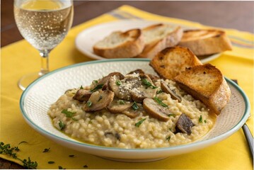 Porcini mushroom risotto with toasted bread and sparkling water, on a yellow tablecloth 