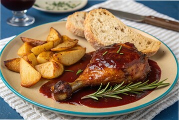 Red wine braised chicken leg with potato wedges and rosemary bread, on a blue tablecloth