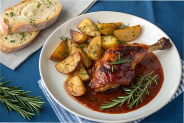 Red wine braised chicken leg with potato wedges and rosemary bread, on a blue tablecloth