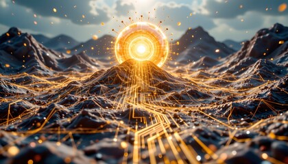 imagine a mesmerizing artwork depicting the cutting edge fusion of technology and artistry, in this scene