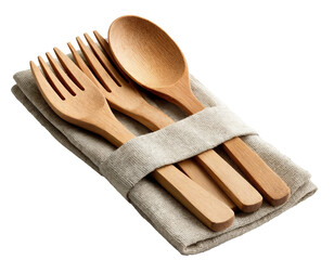 Wooden cutlery isolated on transparent background. Outdoor dining accessories in png format.