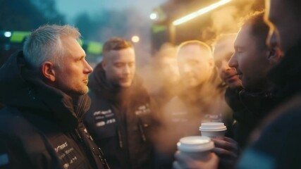 Team Sharing Hot Coffee During Cold Morning Briefing Session