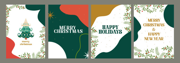 Merry Christmas artistic templates. Corporate Holiday card and invitation. Floral frame and asbtract background design. greeting card, poster, holiday cover, banner, flyer. Modern flat vector illustra
