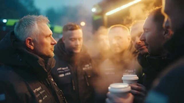 Team Sharing Hot Coffee During Cold Morning Briefing Session