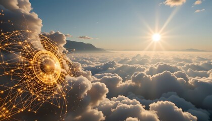 imagine a futuristic scene where cloud puting services harness the power of machine learning to revolutionize data analysis, picture a close up shot capturing the vast expanse of a distant horizon