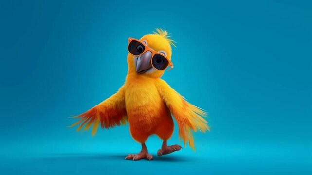 Cheerful cartoon parrot in sunglasses exuding vibrant energy while dancing on an eyecatching blue background perfect for tropical vacation promotions and childrens books.