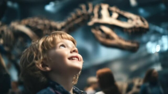 A child fascinated by dinosaur skeleton in a natural history museum