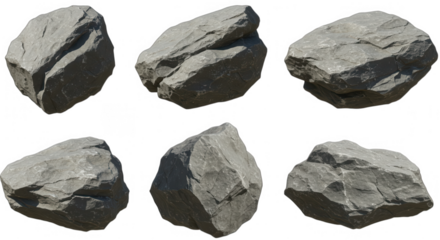 Collection of six gray rocks in different angles isolated on transparent background