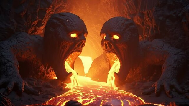 Two colossal stone statues with glowing eyes spew molten lava into a fiery cave creating an intense hellish scene.