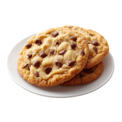 Delicious chocolate chip cookies stacked on a white plate, showcasing a golden-brown exterior and gooey chocolate chips, perfect for dessert or a sweet treat.