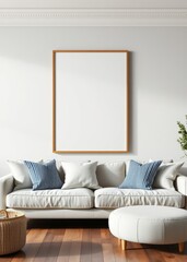 Rustic sofa with white and blue pillows against wall with big blank mock up poster frame scandinavian home interior design of modern living room Empty room interior design Ultra realistic Photorea