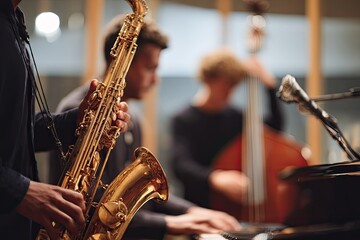 Obraz premium Jazz musicians create captivating melodies in dimly lit studio s