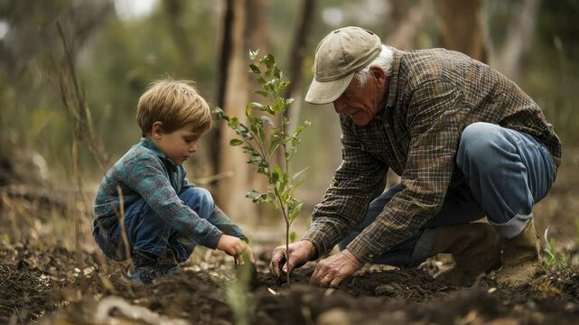 Elderly man and young boy planting a tree sapling together in a forested area