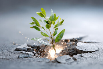 Green plant growing through cracked asphalt with glowing light, symbolizing hope, strength, nature, life, rebirth, and resilience. Copy space