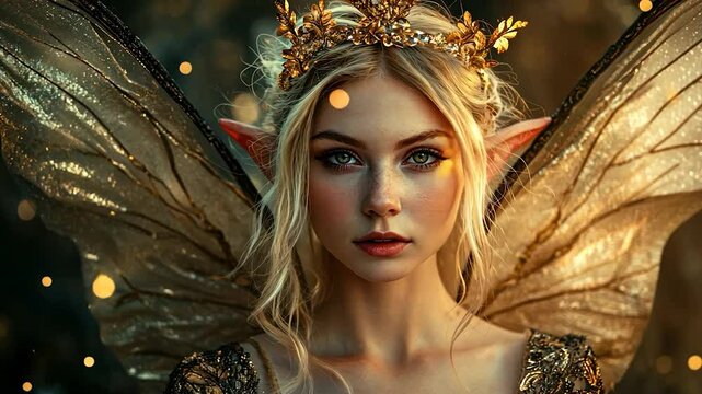 A mystical fairy with golden wings and a crown, exuding enchantment and beauty.