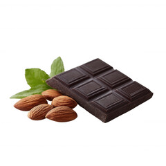 Delicious dark chocolate with almonds and fresh mint leaves, isolated on a white background, perfect for dessert or snacking.