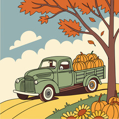 autumn landscape, vintage green pickup truck carrying pumpkins, colorful fall foliage, cloudy sky, illustration, whimsical, nostalgic, detailed, digital art, vibrant colors
