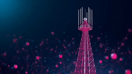 Fototapeta premium Futuristic Communication Tower with Glowing Network Lines and Digital Orbs