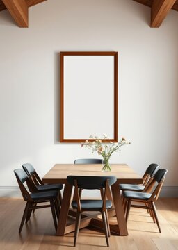 Vertical blank wood framed poster mockup in the ratio 24 x 36 inch empty on a wall barn house dining room interior with a dining table vase with spring flowers on the Empty room interior design Ultr