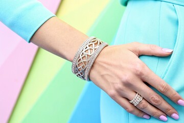 Woman's wrist with silver bracelet and ring against pastel background in fashion advertisement style image