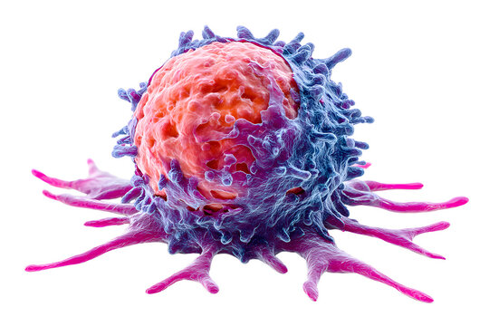 Cancer cell, tumor with metastasis isolated on white background. Concept of health care, medicine, biology, microbiology, science.