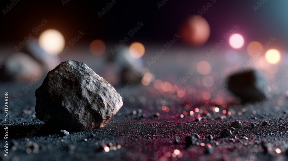 Poster rocks scattered on a dark surface with vibrant bokeh lights creating an abstract celestial effect