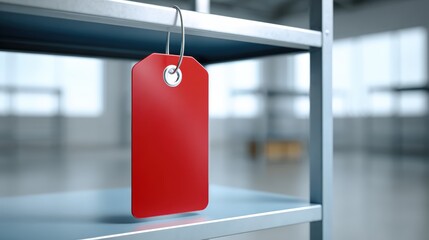 World economy in crisis, A red price tag hanging on a metal shelf in a blurred store or warehouse setting.