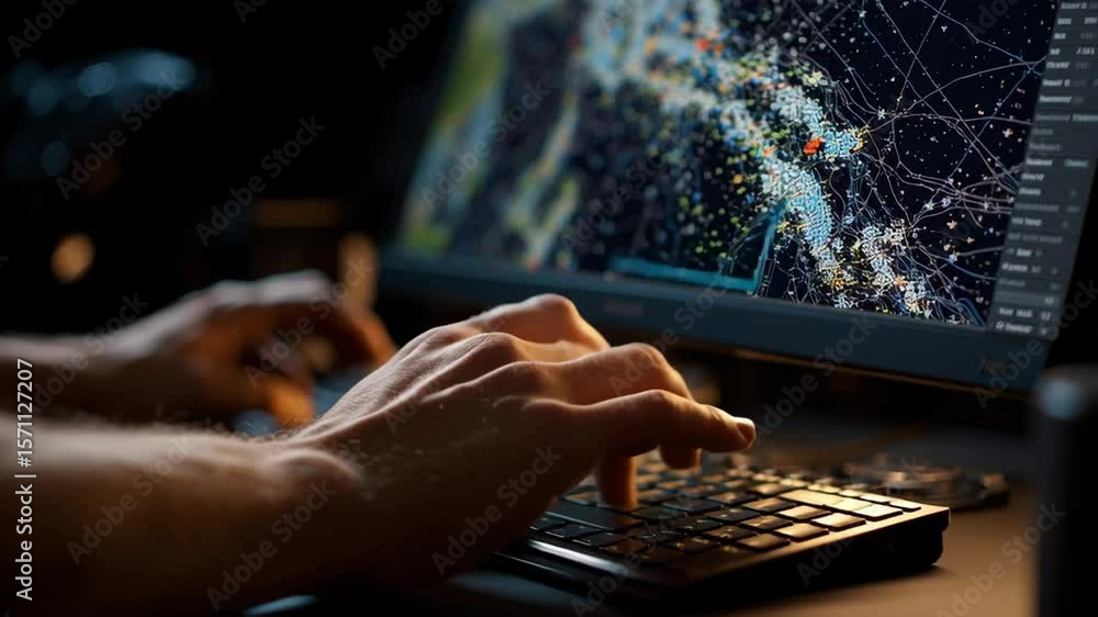 Poster close up of male hands typing on keyboard while programming geographic information system - gis - so