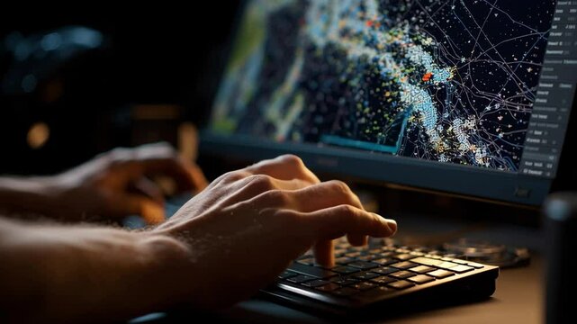 Close up of male hands typing on keyboard while programming geographic information system - gis - software on computer in dark office at night
